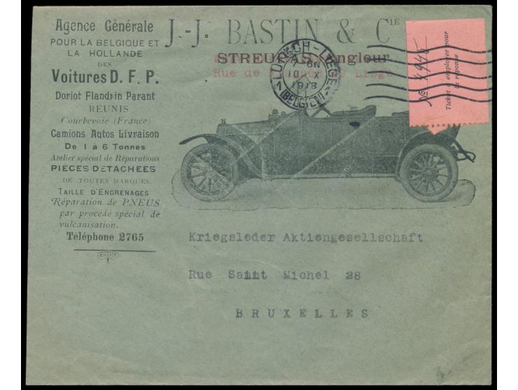 Firmenbrief mit Abbildung Automobil an die Kriegsleder Aktiengesellschaft in Brüssel mit rosa Aufkleber  "No. ... Ticket a em