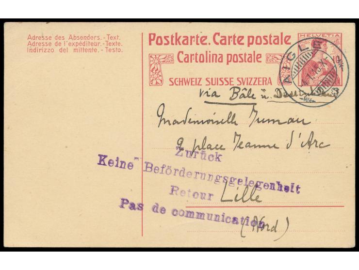 Schweiz-Ganzsache 10 Rp. mit Stempel Aigle 4.1.15  nach Lille  im besetztem Nordfrankreich, Leitvermerk "via Bâle u. Deutschl