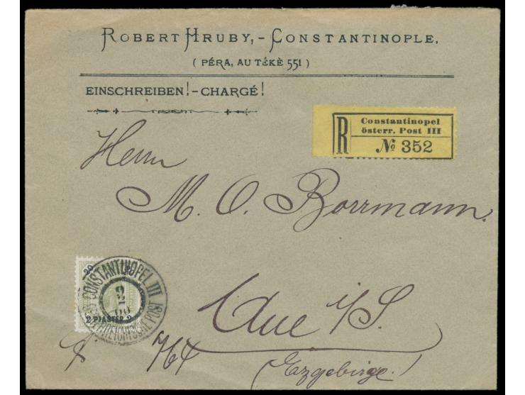 Levante, &nbsp;Einzelfrankatur 2 Pia. auf 20 Kr. (Aufdruck Type II, Zähnung L 12 1/2) auf &nbsp;Einschreibbrief &nbsp;mit Ste