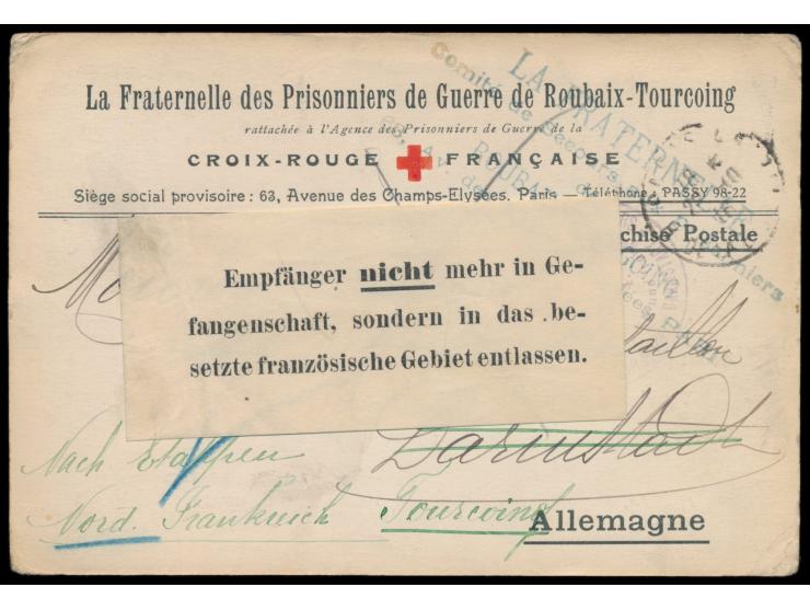 Karte des Französischen Roten Kreuz mit Stempel &nbsp;Paris &nbsp;28.10.16 an einen Franzosen im Kriegsgefangenenlager Darmst