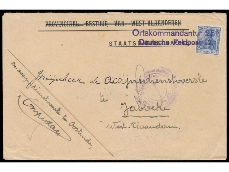 violetter L2  Ortskommandantur 256 / Deutsche Feldpost 12  als Entwertung auf Dienstbrief mit 20 Pf. Germania nach Jabbeke, u