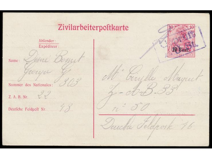 Zivilarbeiterpostkarte 10 C.  mit waagerecht stehendem Absendervermerk, Absender ... Z.A.B. Nr. 22 ... Dt. Feldpost 43, an Z.
