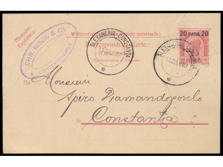 Levante, &nbsp;Ganzsache 20 Para mit Absenderstempel aus Konstantinopel nach Constanta, entwertet mit rumänischen Schiffspost