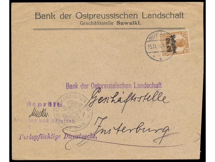 Brief der "Bank der Ostpreussischen Landschaft" mit Stempel  Suwalki  23.11.16 nach Insterburg, violetter Setzkasten-L2  Gepr