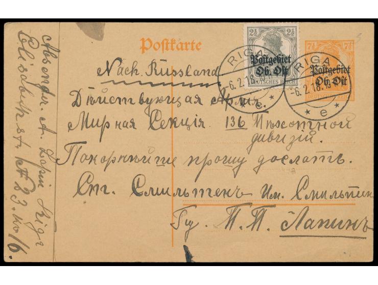 Ganzsache 7 1/2 Pf. mit Zusatzfrankatur 2 1/2 Pf., Stempel  Riga e  6.2.18,  nach Russland,  während des eingeschränkten Post