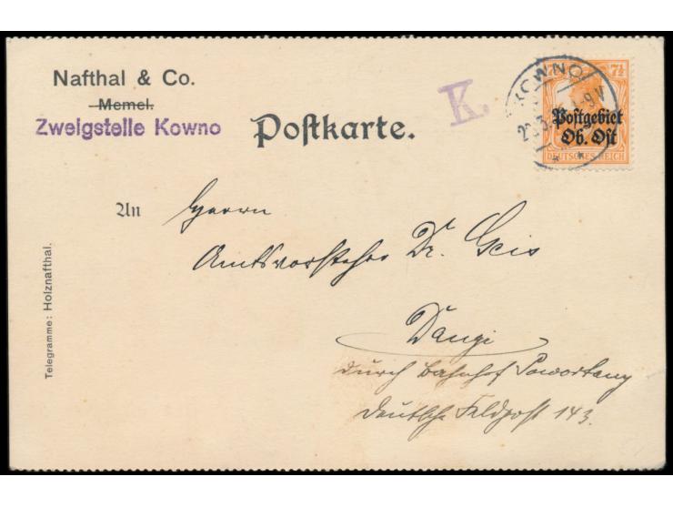 Einzelfrankatur 7 1/2 Pf. auf Firmenkarte mit Stempel  Kowno  22.3.18  nach Dangi, ... Deutsche Feldpost 142,  im Etappengebi