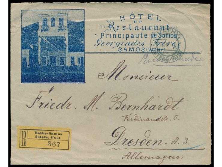 Levante,  Ausgabe 1908: 10 Pa., 10 C. und 2 Pia. als Währungsmischfrankatur rückseitig auf  Reklameumschlag  "Hôtel et Restau