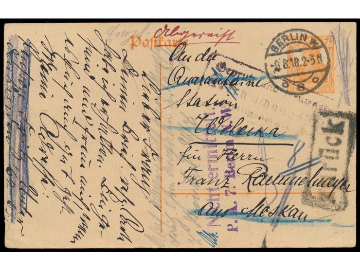 Ganzsache 7 1/2 Pf. mit Stempel Berlin W 8 9.8.18 an einen &quot;Rückwanderer&quot; aus Moskau in der &nbsp;Quarantäne-Statio