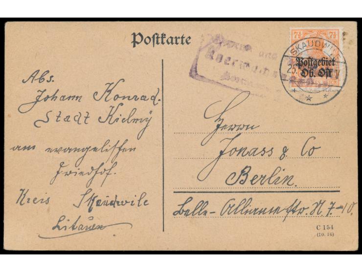 seltener Stempel  Skaudwile  25.9.18 auf Postkarte (C 154-Formular) aus Kielmy nach Berlin, Zensurstempel Königsberg, Bedarf
