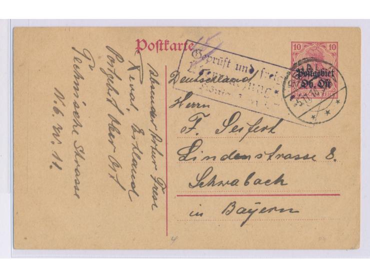 Stempel  Reval  5.11.18 auf Ganzsache 10 Pf. nach Schwabach, späte Verwendung in der kurzen Portoperiode ab 1.10.1918, Zensur