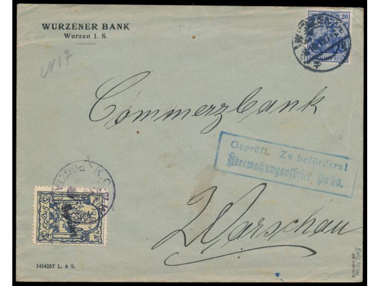 Dt. Reich 20 Pf. mit Firmenlochung "W B" auf Brief der Wurzener Bank an die Commerzbank in Warschau, Stempel Wurzen 8.10.15, 