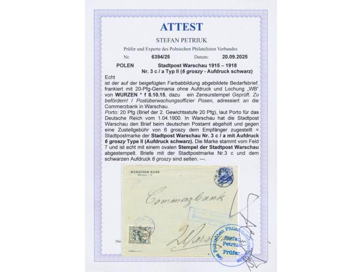 Dt. Reich 20 Pf. mit Firmenlochung "W B" auf Brief der Wurzener Bank an die Commerzbank in Warschau, Stempel Wurzen 8.10.15, 