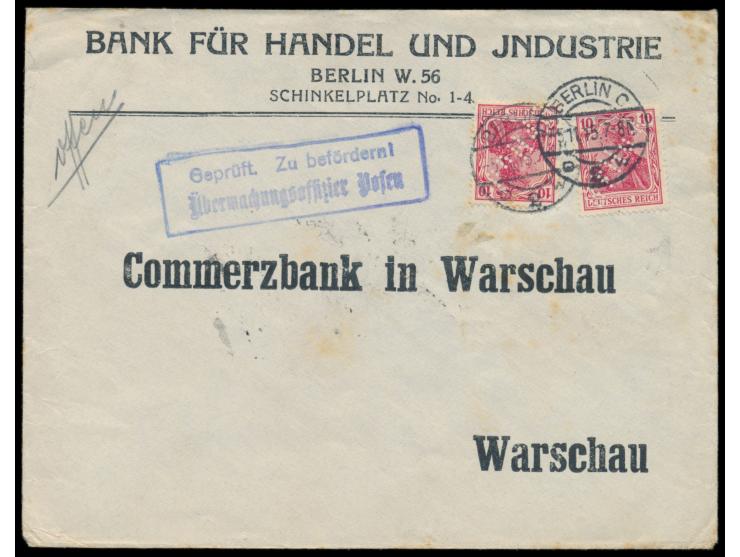 2 x 10 Pf. (MiNr. 86) mit Firmenlochung auf Brief der "Bank für Handel und Industrie" mit Stempel Berlin 5.11.15 nach Warscha