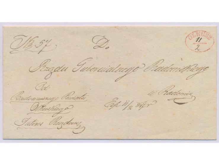 Königreich Polen,  roter Ovalstempel  Olkusz /  mit handschriftlichem Datum 11.2.(1847) auf Dienst-Faltbriefhülle nach Radom,