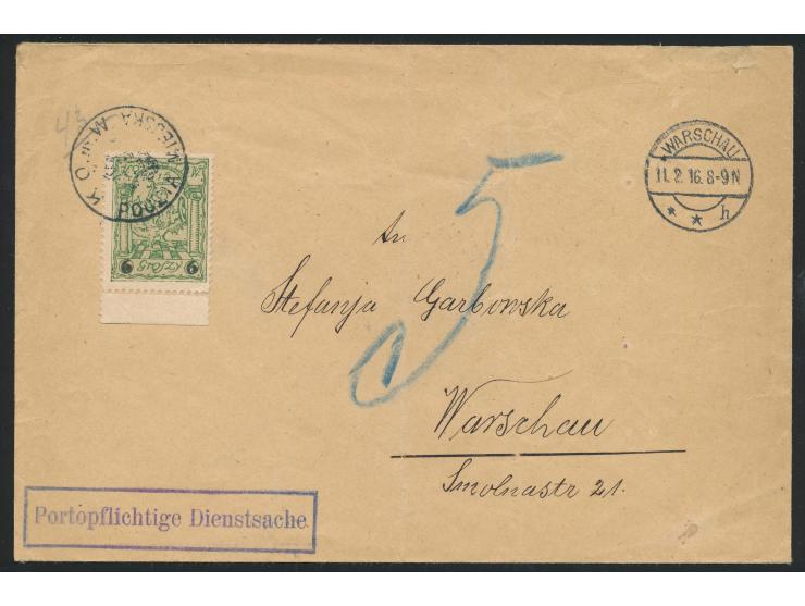 unfrankierter Orts-Dienstbrief "Portopflichtige Dienstsache" mit rückseitigem Briefstempel  "Kais. Deutsch. Gouvernement Wars