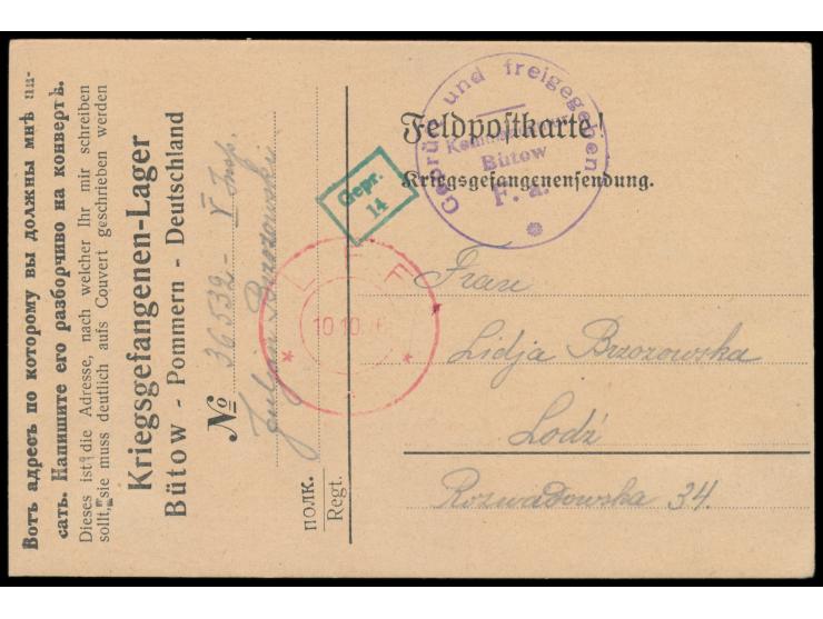 Vordruckkarte des Kriegsgefangenenlagers Bütow vom 5.10.1916 nach Lodz, violetter und grüner Lagerzensurstempel, roter Zweikr