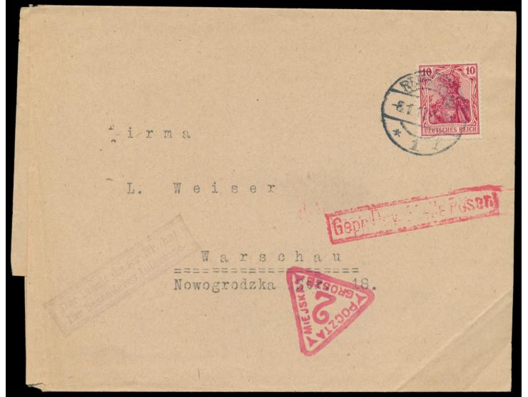 10 Pf. auf Streifband mit Stempel Remscheid 1 6.1.17 nach Warschau, roter Zensur-R1 Posen und roter Zustellgebührstempel  Poc