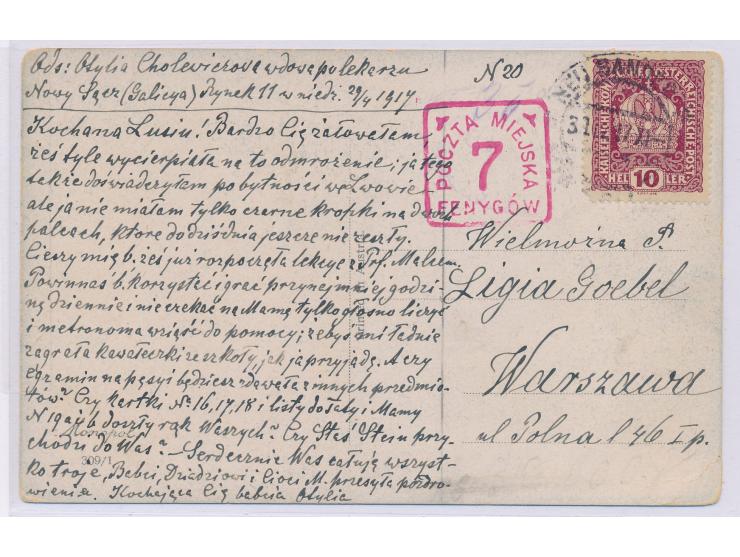 Österreich 10 H. (links unten kleiner Eckfehler) auf Ansichtskarte nach Warschau, Stempel Neu Sandez 30.4.17, roter Zustellge