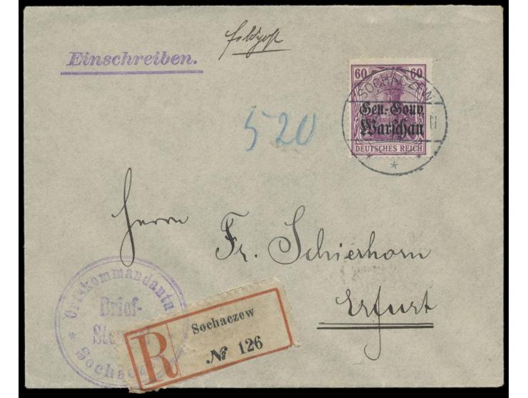 Einzelfrankatur 60 Pf. auf  Einschreibbrief  mit Stempel  Sochaczew  8.12.17 nach Erfurt, Briefstempel Ortskommandantur Socha