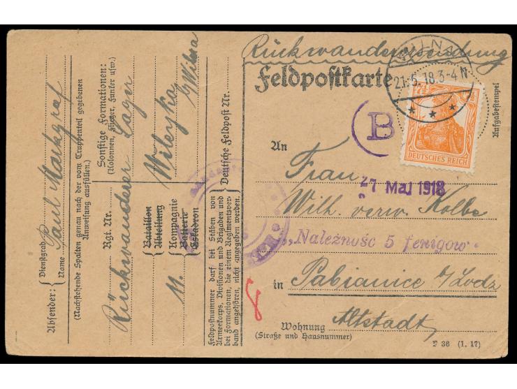 7 1/2 Pf. auf Feldpost-Vordruckkarte mit Stempel &nbsp;Wilna &nbsp;21.5.18 &nbsp;nach Pabianice &nbsp;bei Lodz, handschriftli