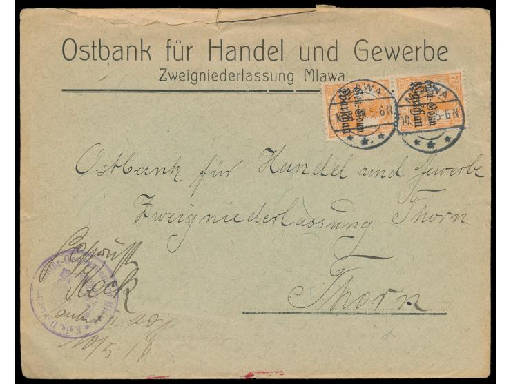 2 x 7 1/2 Pf. auf Brief der "Ostbank für Handel und Gewerbe ..." nach Thorn, Stempel  Mlawa  10.8.18, links unten handschrift