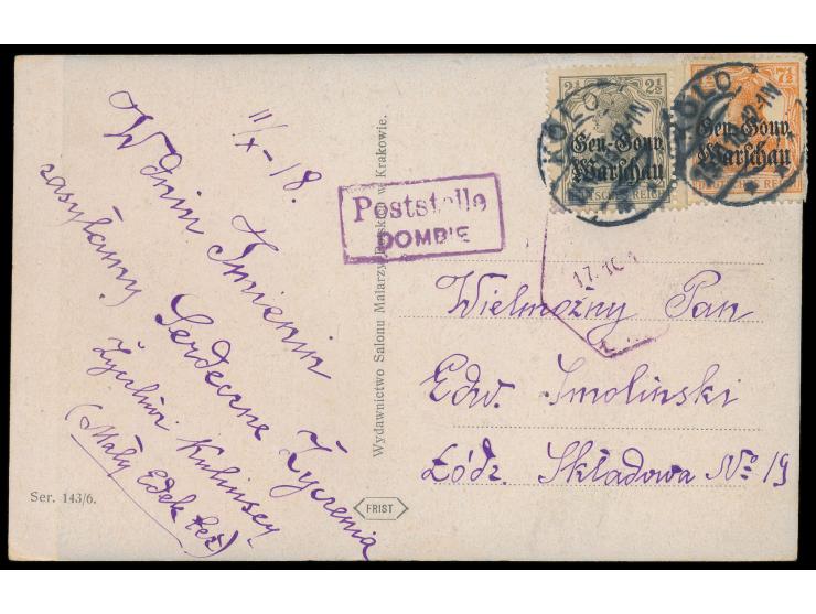seltener violetter R2  Poststelle Dombie  und Stempel  Kolo  15.10.18 auf Ansichtskarte mit 2 1/2 Pf. und 7 1/2 Pf. (Zähnung 