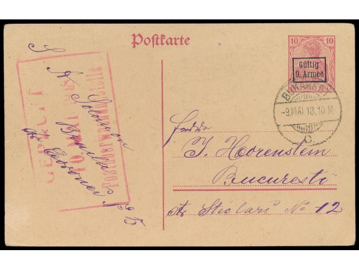 Etappengebiet der 9. Armee; &nbsp;Ganzsache 10 Pf. aus &nbsp;Braila &nbsp;nach Bukarest, geschrieben am 6.5.1918, Stempel &nb