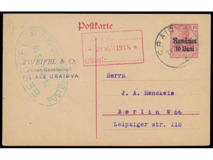 Ganzsache 10 Bani mit Stempel  Craiova  24.5.1918 nach Berlin, großer grüner Ovalstempel  Geprüft / Postüberwachungsstelle / 