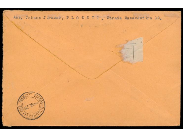 10 x 5 Bani mit Walzendruck-Oberrändern bzw. Eckrändern (komplette 1. Bogenreihe) auf &nbsp;Einschreibbrief &nbsp;mit Stempel