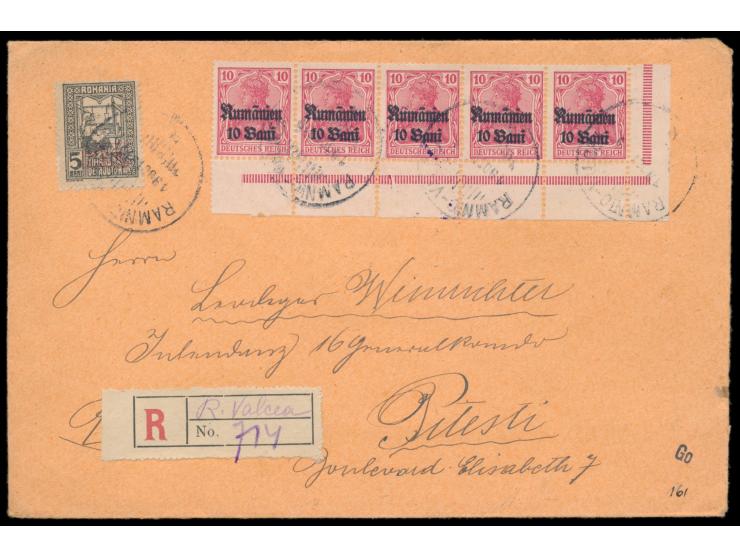 10 Bani als waagerechter  Eckrand-Fünferstreifen  links unten (Plattendruck) mit Zwangszuschlagsmarke 5 Bani auf  Einschreibb