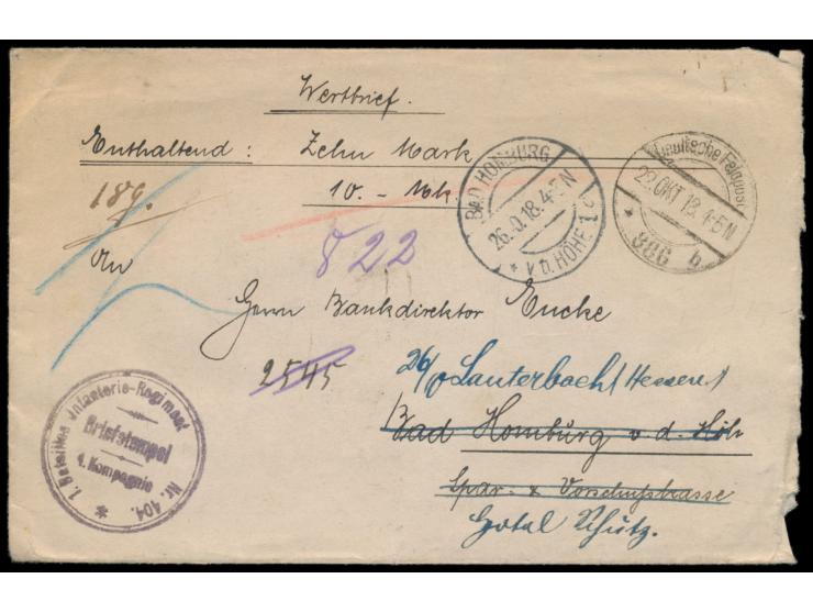 Stempel  Deutsche Feldpost 886 b  22.10.18 4-5 N. (XXVII. Reserve-Korps in Kiew) auf Wertbrief mit Wertangabe 10 M. nach Bad 