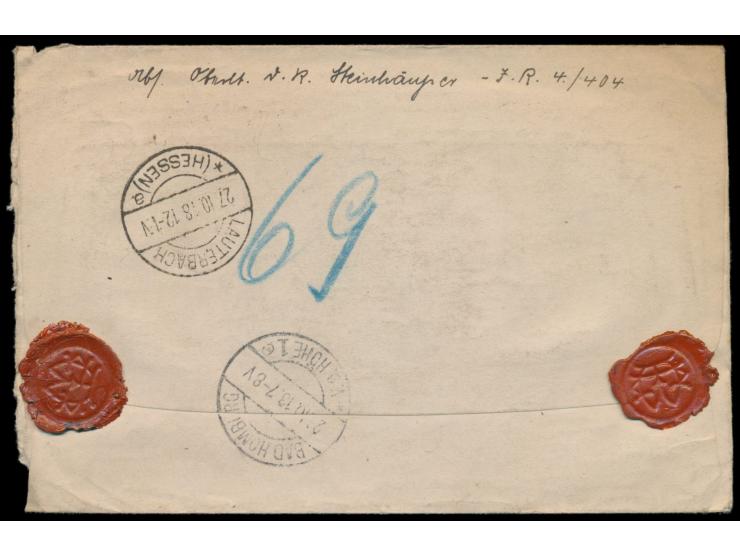 Stempel  Deutsche Feldpost 886 b  22.10.18 4-5 N. (XXVII. Reserve-Korps in Kiew) auf Wertbrief mit Wertangabe 10 M. nach Bad 