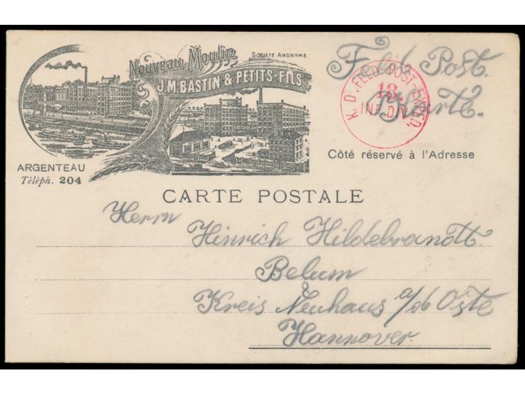 Stempel  K. D. Feld-Post-Exped. 18. Inf. Div.  ohne Datum ungebraucht  in rot  auf dekorativer belgischer Firmenkarte aus  Ar