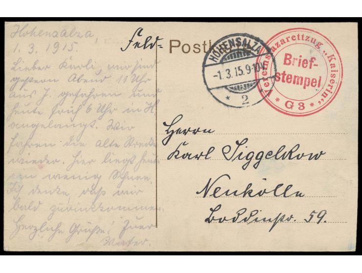 Feldpostkarte (Ansicht Jarotschin) mit Stempel Hohensalza 2 1.3.15 und rotem Briefstempel  Vereinslazarettzug "Kaiserin" G 3 