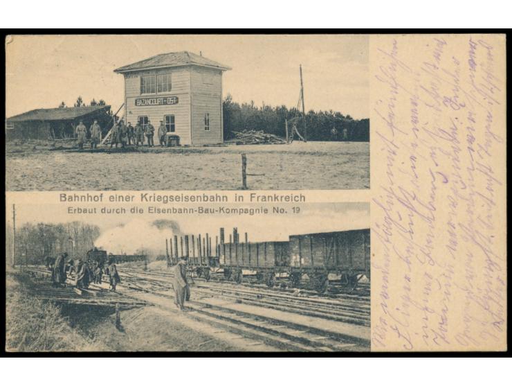 Ansichtskarte " Bahnhof einer Kriegseisenbahn in Frankreich.  Erbaut durch die Eisenbahn-Bau-Kompagnie No. 19" (Abb. Bahnhof 