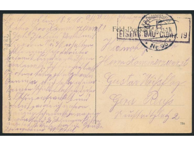 Ansichtskarte " Bahnhof einer Kriegseisenbahn in Frankreich.  Erbaut durch die Eisenbahn-Bau-Kompagnie No. 19" (Abb. Bahnhof 