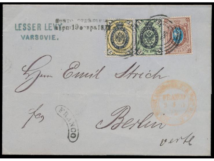 Russland, &nbsp;Ausgabe 1866: &nbsp;&nbsp;1 Kop. 3 Kop. und 10 Kop. ( senkrecht gestreiftes Papier ) mit &nbsp;Vierringstempe