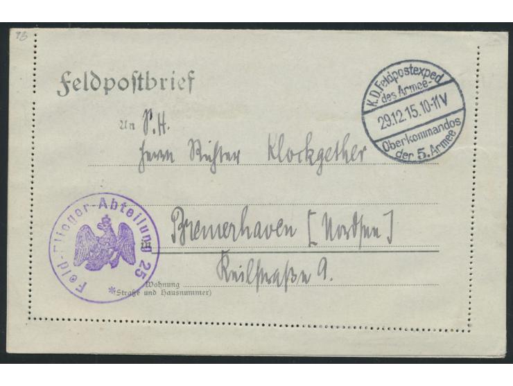 Stempel K. D. Feldpostexped. des Armee-Oberkommandos der 5. Armee 29.12.15 und Dienstsiegel &nbsp;Feld-Flieger-Abteilung 25 &