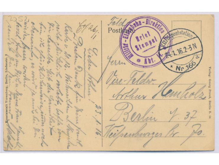 Feldpostkarte (Ansicht Wilna) mit Stempel K. D. Feldpoststation Nr. 166 24.1.16 und Briefstempel  Militär-Eisenbahn-Direktion