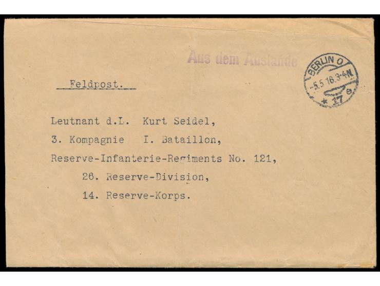 Feldpostbrief mit Absenderangabe "Vizefeldw. Bauer,  Kaiserl. Deutsche Gesandtschaft Athen. ", befördert mit Kurierpost des A