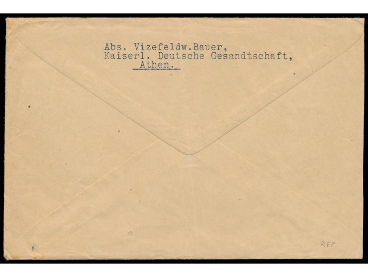 Feldpostbrief mit Absenderangabe "Vizefeldw. Bauer,  Kaiserl. Deutsche Gesandtschaft Athen. ", befördert mit Kurierpost des A