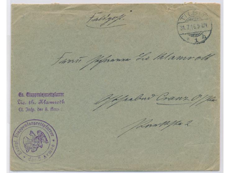 Feldpostbrief mit Stempel &nbsp;Tilsit 1 &nbsp;31.7.16, Briefstempel &nbsp;Evangl. Etappenlazarettpfarrer der 8. Armee &nbsp;