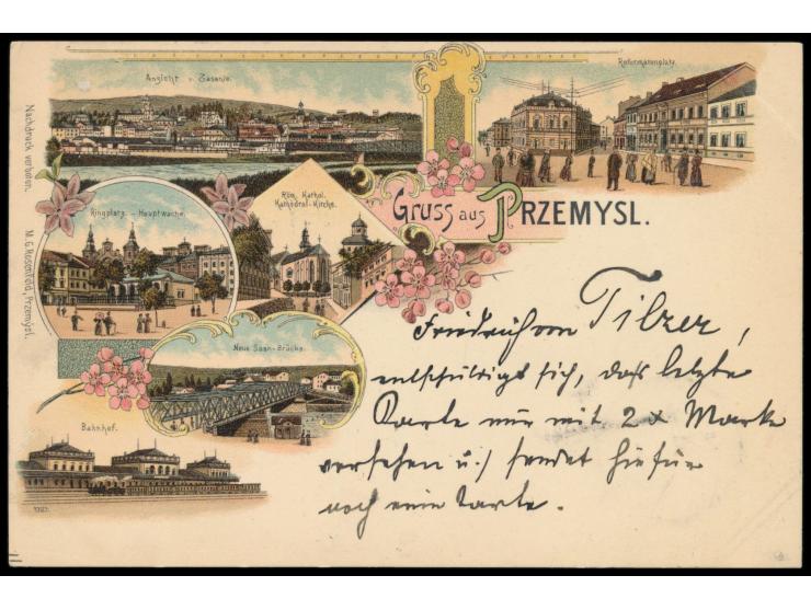 mehrfarbige Sechsbild-Litho-Ansichtskarte  "Gruss aus Przemysl" , Frankatur Österreich 5 Kr., Stempel Przemysl 22.4.98, in di