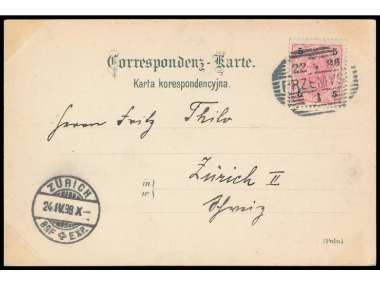 mehrfarbige Sechsbild-Litho-Ansichtskarte  "Gruss aus Przemysl" , Frankatur Österreich 5 Kr., Stempel Przemysl 22.4.98, in di