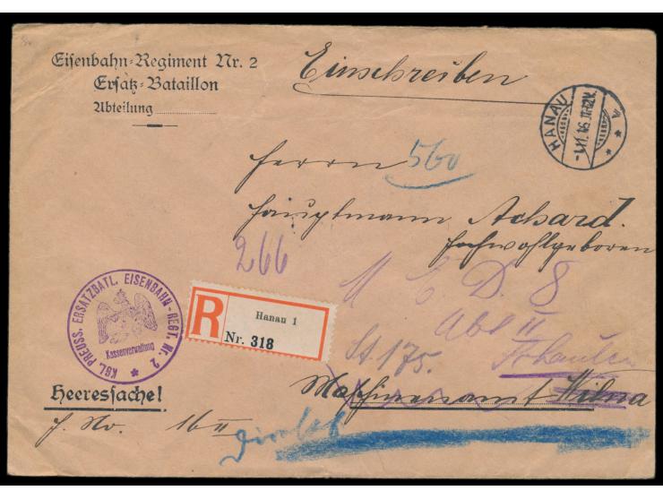 Einschreibbrief-Heeressache mit Stempel  Hanau  1.11.16 an das Maschinenamt in Wilna, Absendereindruck und Briefstempel  Kgl.