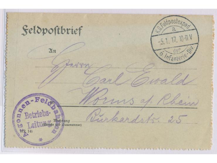 Stempel K. D. Feldpostexped. der 6. Infanterie-Div. a 5.1.17 und Briefstempel  Argonnen-Feldbahn / Betriebsleitung  auf Feldp
