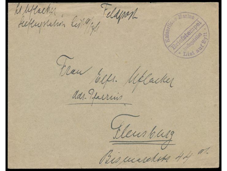 Briefstempel  Kaiserliche Marine / Seeflugstation List auf Sylt  als alleiniger Aufgabestempel auf Feldpostbrief nach Flensbu