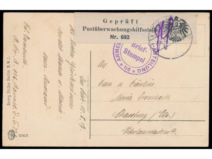 Feldpostkarte mit Briefstempel Armee-Fernsprech-Abteilung 116 und  Aufkleber "Geprüft / Postüberwachungshilfsstelle / Nr. 692