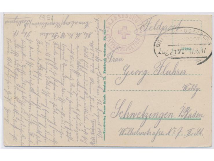 Feldpostkarte (Ansicht Ratibor) mit Bahnpoststempel Breslau - Oderberg Zug 212 17.8.17 und Briefstempel  Krankenzug 17 / Etap