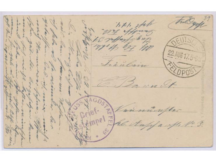 Stempel Deutsche Feldpost 22.8.17 und Briefstempel Königl. Preuss. &nbsp;Jagdstaffel 39 &nbsp;auf Feldpostkarte nach Neumünst